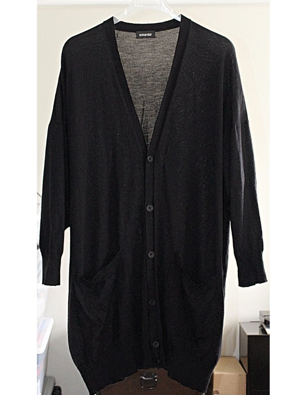 Eskandar - 100% Merino Long Button Front Cardigan, Black, One Size FLAW